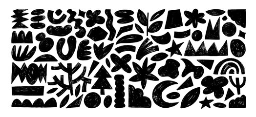 Funky abstract organic shapes, plants and geometric forms drawn by a crayon.