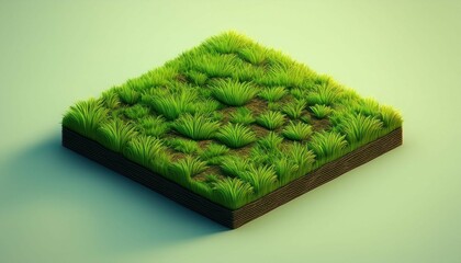 3d isometric square form lush green grass soil