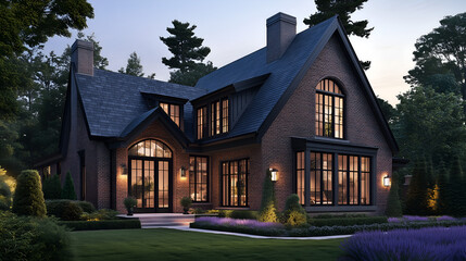 exterior of an elegant and classic brick house with a dark grey shingle roof, large windows, black trim on the front door and windows