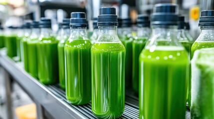 Bottles of vibrant green juice on a production line in a modern factory setting (1)