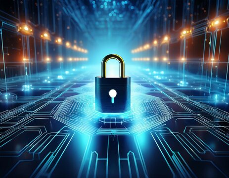 a glowing padlock sits at the center of a hexagonal network symbolizing digital security and data protection within a futuristic abstract landscape surrounding the main lock are smaller glowing p