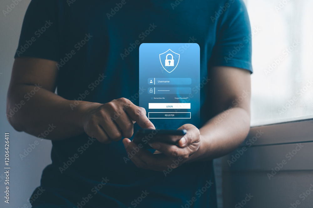 Fototapete Cyber security concept. Cybersecurity and privacy to protect data. Lock icon internet network security technology. Business people secure access to personal data on smartphone virtual screen interface