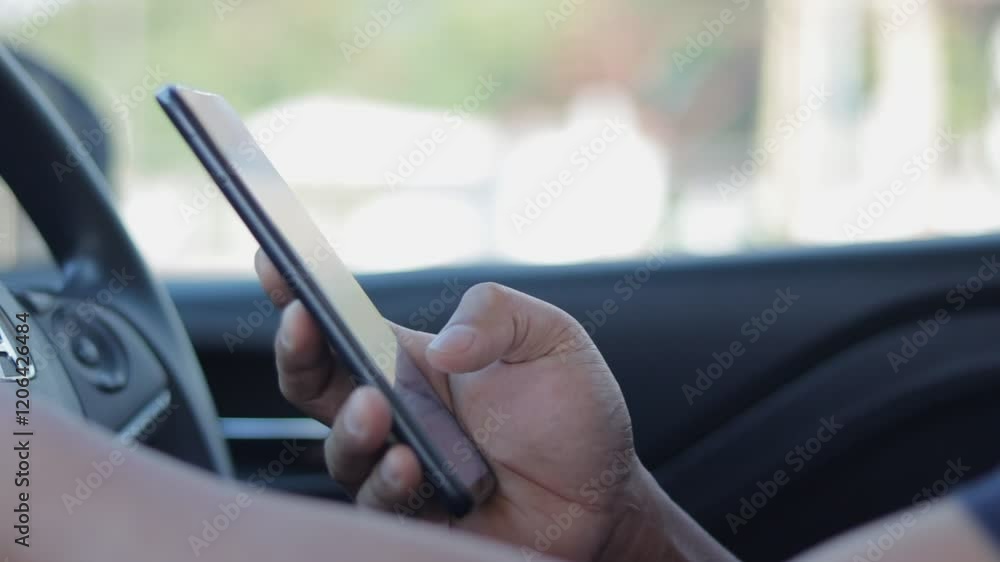 Poster closeup hand using smartphone in car, typing message, email, online store. a mobile application for 