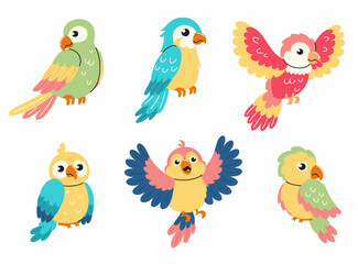 Set of illustrations in children's style. Cute parrots in different poses. Flat vector illustration.