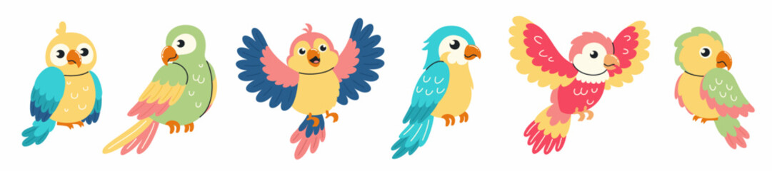 Set of illustrations in children's style. Cute tropical parrots in different poses. Flat vector illustration.