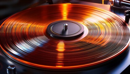 a hyper realistic close up of a turntable platter spinning a vinyl record with intricate details of the grooves and glowing accents