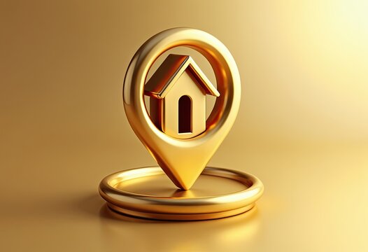 Golden house location marker.  A 3D rendered image of a gold pin signifying a home's location. Ideal for real estate, maps, or location-based services.