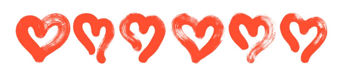 Collection of bold brush drawn red hearts. Creative vector romantic elements collection. Valentine's day isolated elements. Abstract love heart shapes. Vector thick brush strokes.