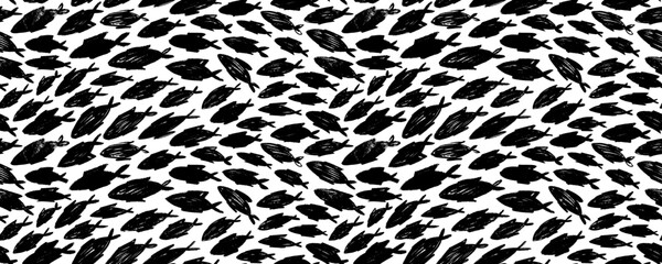 Crayon drawn school of fish seamless pattern. Hand drawn vector marine doodle background with various chaotic fish.