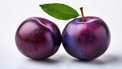 Fototapeta premium a pair of purple plums with a green leaf isolated on a white background showcasing their vibrant color and freshness