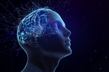 A digital representation of a human head with a glowing brain, symbolizing intelligence, creativity, and technological advancement against a dark background.