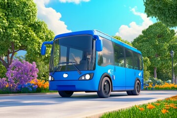 Fototapeta premium A vibrant blue bus drives along a scenic road surrounded by lush greenery and colorful flowers.