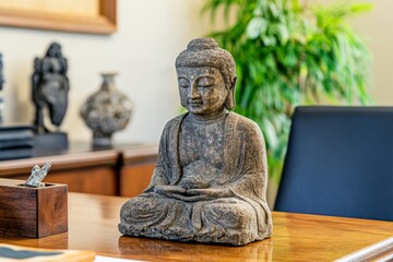A serene Buddha statue sits on a polished wooden table, surrounded by greenery and decorative artifacts, creating a peaceful ambiance.