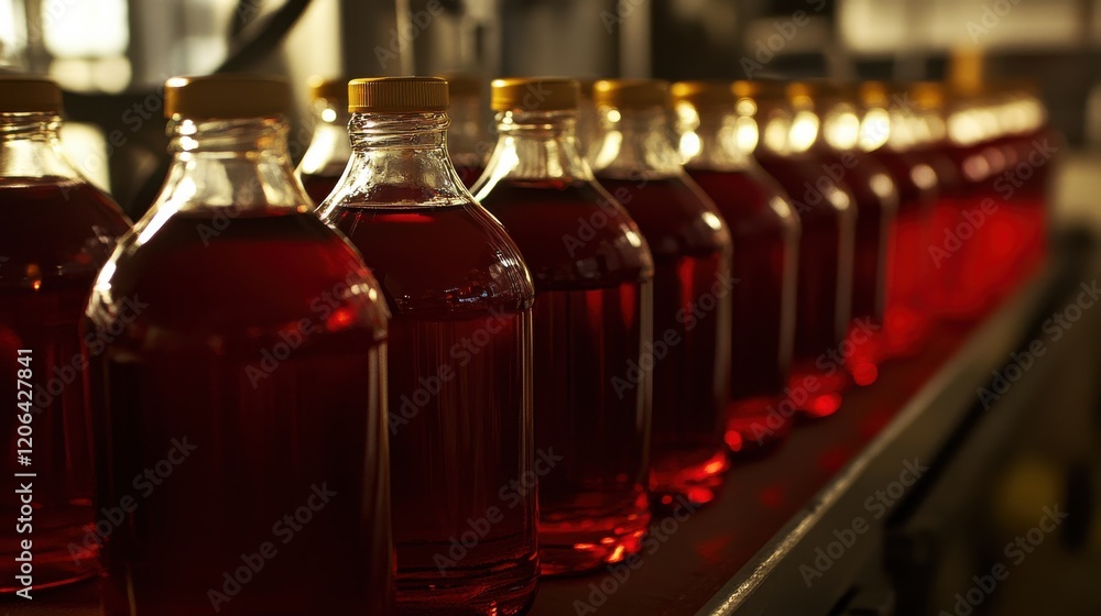 Poster bottles of vibrant red liquid lined on a production shelf in a factory setting