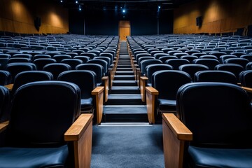 Naklejka premium A spacious, empty auditorium with rows of black seating and wooden accents, illuminated by soft lighting, creating a welcoming atmosphere for events.