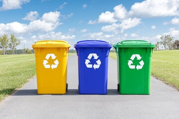 Three recycling bins in yellow, blue, and green are displayed on a path under a clear sky, promoting environmental awareness and waste separation.
