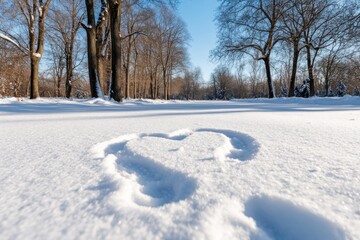 Obraz premium A heart shape made in the snow captures a moment of love and creativity in a winter landscape, evoking feelings of warmth and connection despite the cold environment.