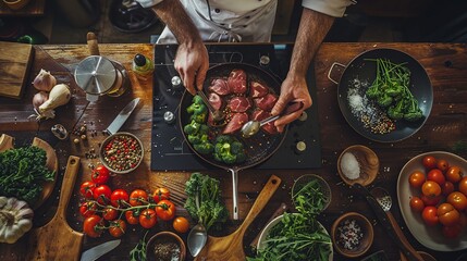Man cooking using fresh vegetables, meat, and spices