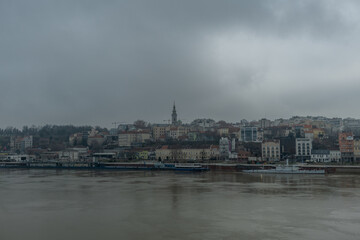 Scenic Belgrade vista viewed from the Brankov Bridge over Sava river in winter, Serbia