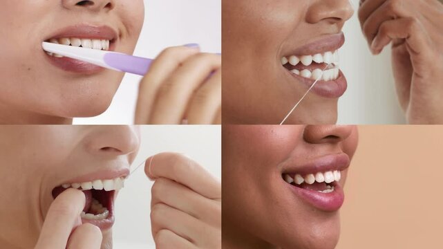 Women of various backgrounds are pampering themselves with skin care and body care routines. They focus on dental hygiene, showcasing techniques like flossing and skin treatments.