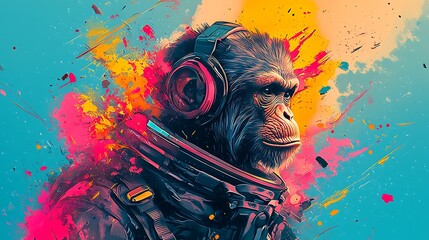 Cosmic Chimp Astronaut monkey listening to music in vibrant space