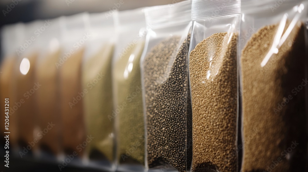 Poster a vibrant display of various spices in transparent bags arranged neatly on a shelf
