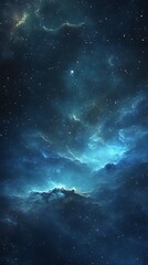 A cosmic scene featuring dark blue clouds and twinkling stars.