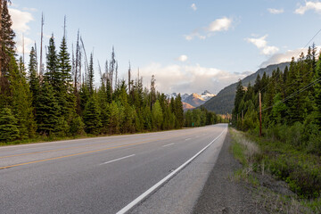 Naklejka premium asphalt road highway with snow capped mountains among green forest during summer