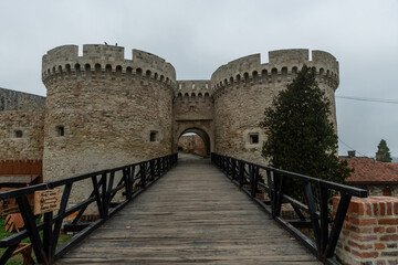 Entrance into the Belgrade Fortress vista on a heavily overcast winter day, Serbia 