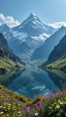 Majestic Peaks and Serene Valleys: A Mountain Landscape with Snow-Capped Summits and a Calm Lake Below