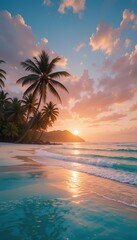 Sunrise Over Crystal Waters: A Tropical Beach with Palm Trees and Golden Sunlight Reflecting on the Ocean