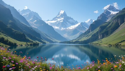Majestic Peaks and Serene Valleys: A Mountain Landscape with Snow-Capped Summits and a Calm Lake Below