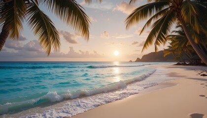 Sunrise Over Crystal Waters: A Tropical Beach with Palm Trees and Golden Sunlight Reflecting on the Ocean