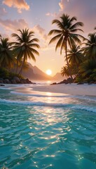 Sunrise Over Crystal Waters: A Tropical Beach with Palm Trees and Golden Sunlight Reflecting on the Ocean