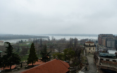 Scenic aerial Belgrade Fortress vista on a heavily overcast winter day, Serbia