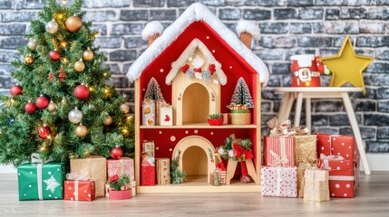 Festive Christmas scene with a toy house, decorated tree, and presents.