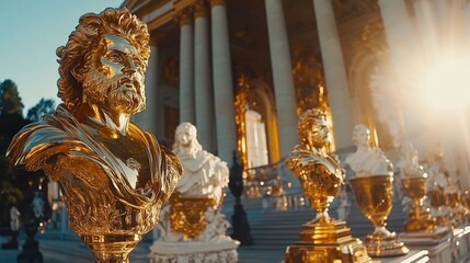 Golden bust statue in front of classical building at sunset.