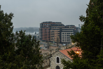 Scenic aerial Belgrade Fortress vista with the Danube river in the background in winter, Serbia