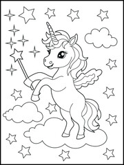 Illustration of a cute baby unicorn cartoon character. Black and white Printable Unicorn coloring page for kids.