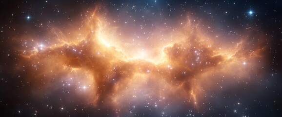 Fototapeta premium Fiery cosmic nebula with bright orange and yellow hues against a dark starry background.