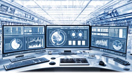 Triple monitor workstation displaying data analytics charts and graphs in a modern office setting.