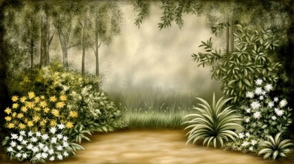 Fototapeta premium Serene forest path with lush greenery, flowers, and soft lighting.
