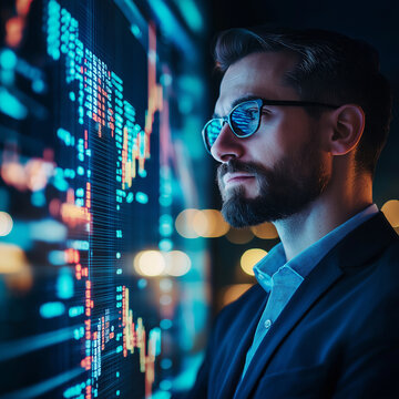 Data analyst working late modern office portrait photography nighttime close-up professional insight