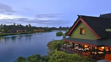 Obraz premium Riverfront restaurant at dusk, tropical setting.