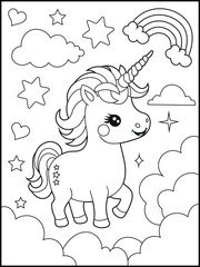 Fototapeta premium Illustration of a cute baby unicorn cartoon character. Black and white Printable Unicorn coloring page for kids.