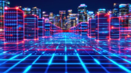 Futuristic cityscape with glowing digital servers forming a data highway.