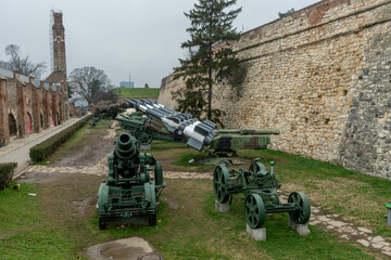 Old military weapons on display at the Belgrade Fortress in Kalemegdan park in winter, Serbia