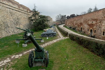 Old military weapons on display at the Belgrade Fortress in Kalemegdan park in winter, Serbia