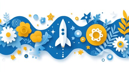 Rocket launching amidst floral wave, paper cut style.