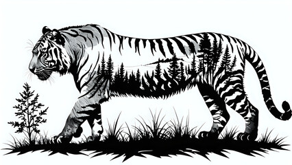 Obraz premium Majestic tiger silhouette illustration, incorporating a hidden forest landscape within its stripes. A powerful symbol of nature and wilderness.